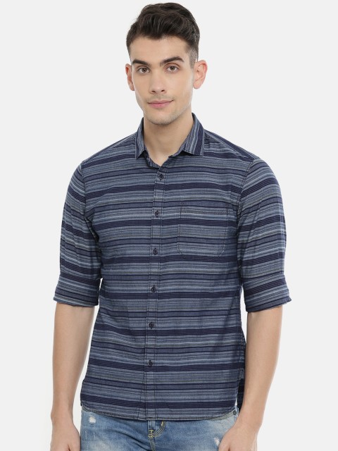 

John Players Men Navy Blue & Grey Trim Fit Striped Casual Shirt
