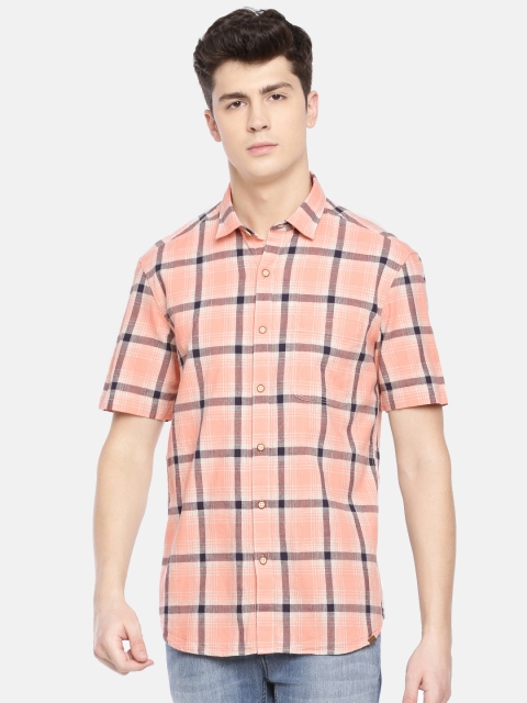 

John Players Men Peach-Coloured & Navy Blue Trim Fit Checked Casual Shirt