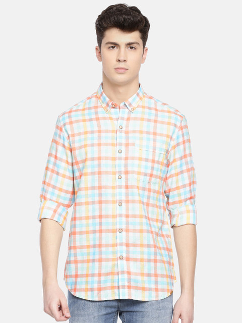 

John Players Men White & Blue Trim Fit Checked Casual Shirt