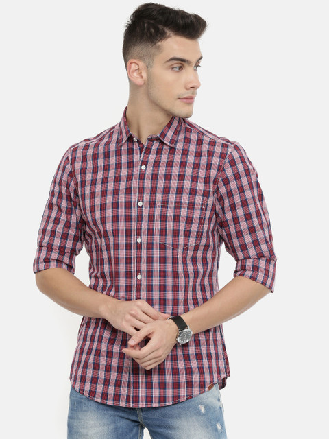 

John Players Men Red & Blue Trim Fit Checked Casual Shirt