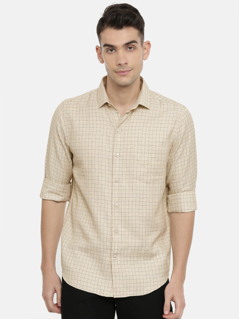 

John Players Men Beige & Blue Slim Fit Self Checked Casual Shirt