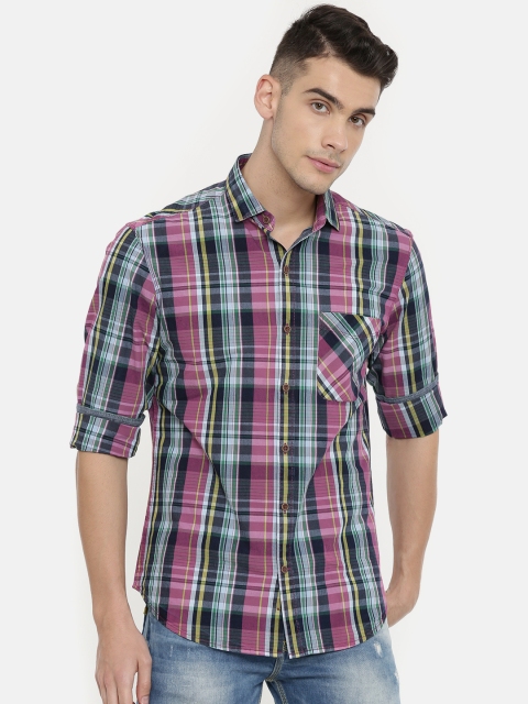 

John Players Men Navy Blue & Pink Trim Fit Checked Casual Shirt