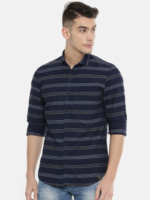 

John Players Men Navy Blue & White Trim Fit Striped Casual Shirt