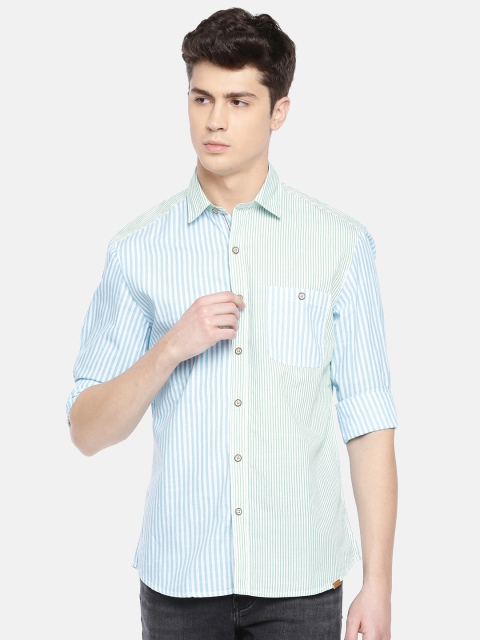 

John Players Men Turquoise Blue & White Trim Fit Striped Casual Shirt