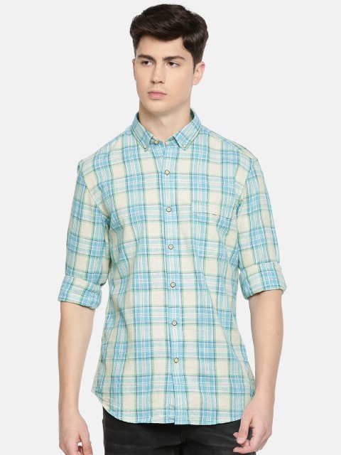John Players Men Blue & Off-White Trim Fit Checked Casual Shirt
