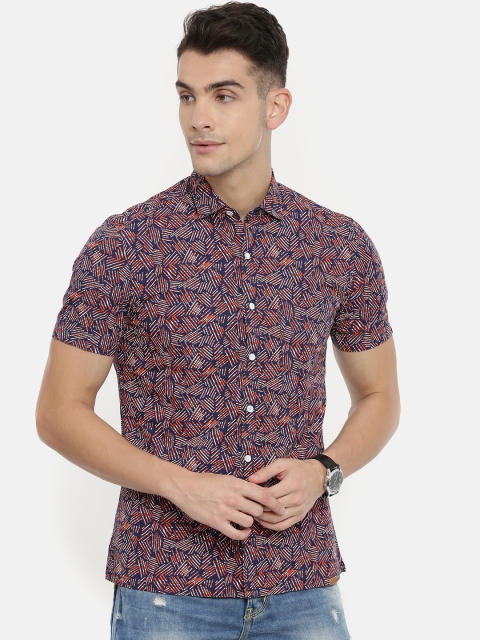 

John Players Men Navy Blue & Orange Trim Fit Printed Casual Shirt