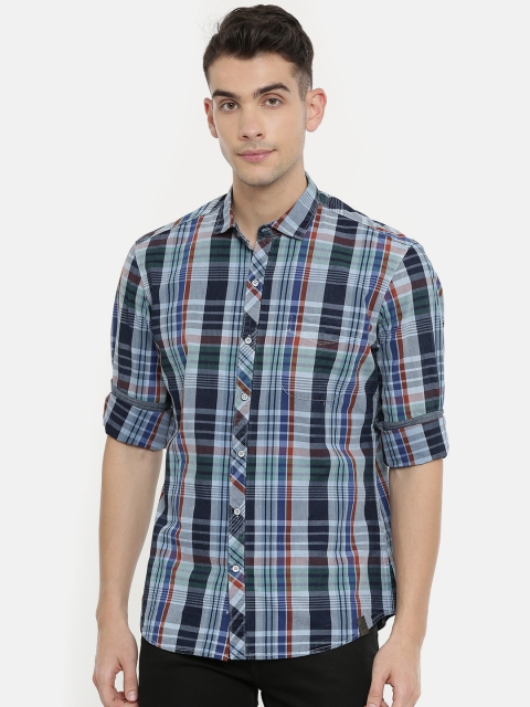 

John Players Men Navy Blue Trim Fit Checked Casual Shirt