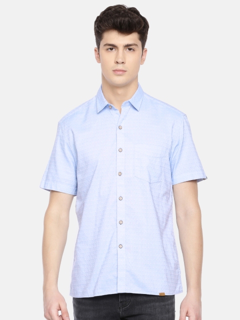 

John Players Men Blue Trim Fit Self Design Casual Shirt