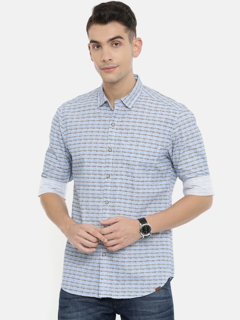 

John Players Men Blue & Black Trim Fit Striped Casual Shirt