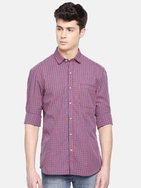 

John Players Men Red & Blue Trim Fit Checked Casual Shirt