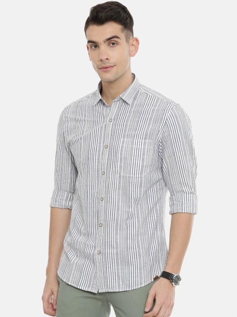 

John Players Men Grey & White Trim Fit Striped Casual Shirt