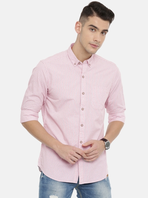 

John Players Men Pink & White Trim Fit Striped Casual Shirt