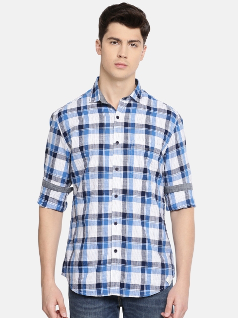 

John Players Men Blue & White Trim Fit Checked Casual Shirt