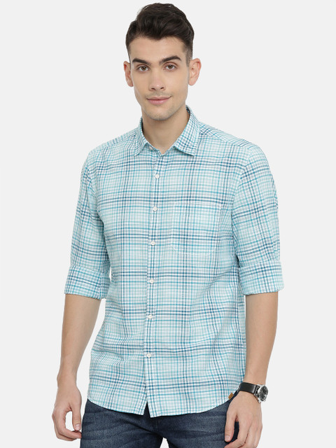 

John Players Men Blue & White Trim Fit Checked Casual Shirt