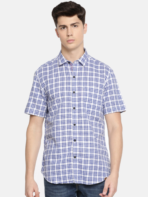 

John Players Men Blue & White Trim Fit Checked Casual Shirt