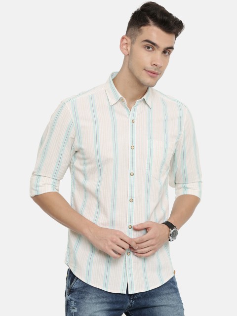 

John Players Men Off-White & Beige Trim Fit Striped Casual Shirt