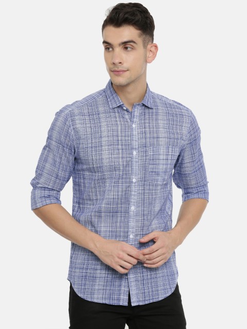 

John Players Men Blue & White Trim Fit Checked Casual Shirt