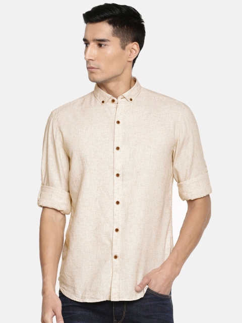 

John Players Men Beige & Brown Trim Slim Fit Self Design Casual Shirt