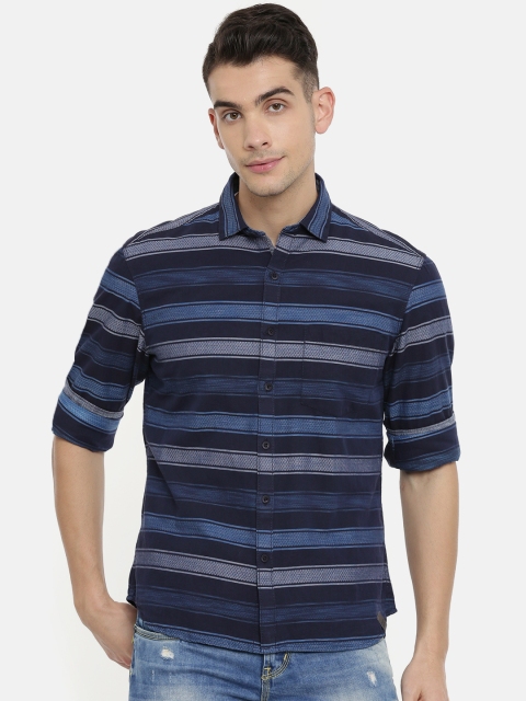 

John Players Men Blue & Grey Trim Fit Self Striped Casual Shirt