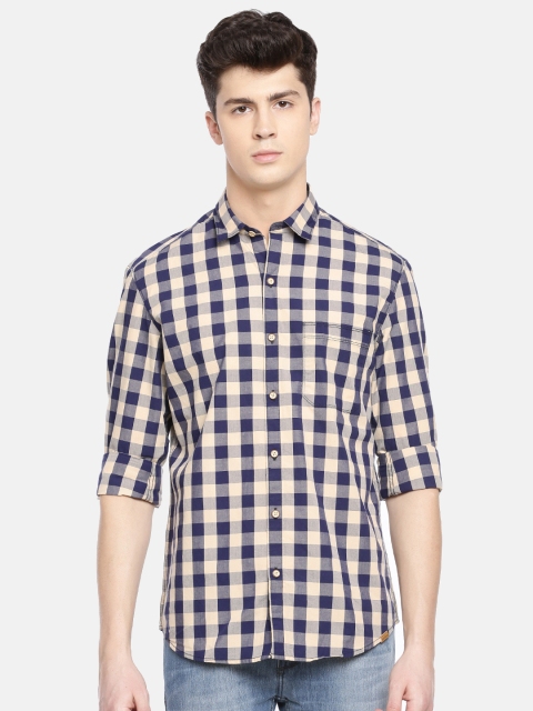 

John Players Men Beige & Navy Blue Trim Fit Checked Casual Shirt