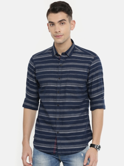

John Players Men Navy Blue & White Trim Fit Striped Casual Shirt