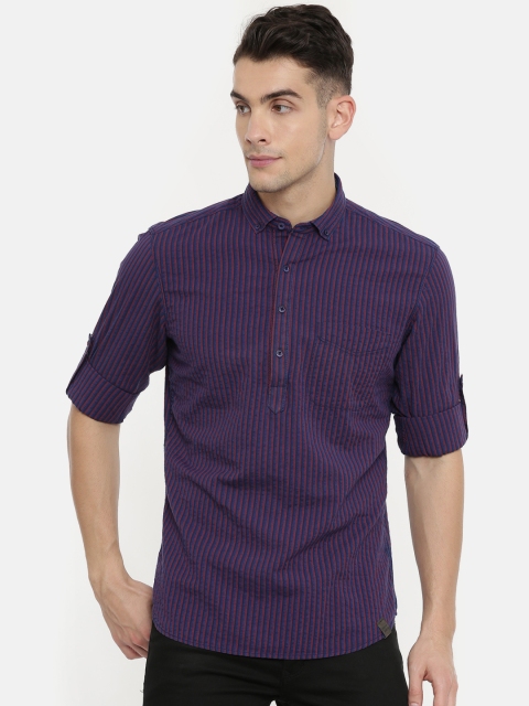 

John Players Men Navy Blue & Red Trim Fit Striped Casual Shirt
