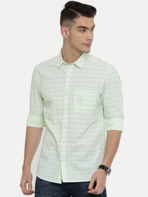 

John Players Men Green & White Trim Fit Striped Casual Shirt