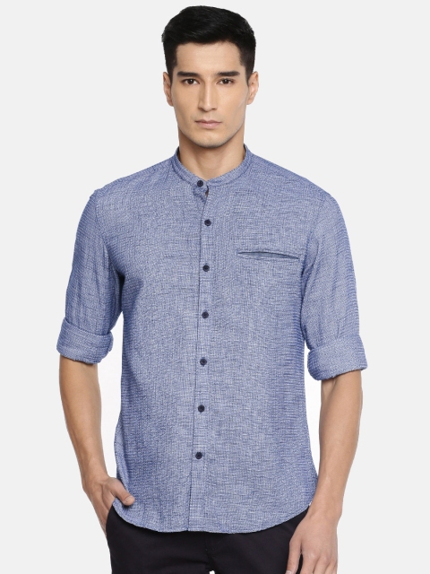 

John Players Men Blue Trim Fit Self Design Casual Shirt