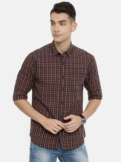 

John Players Men Navy Blue & Orange Trim Fit Checked Casual Shirt