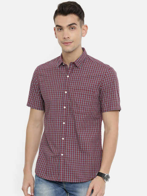 

John Players Men Red & Navy Blue Trim Fit Checked Casual Shirt