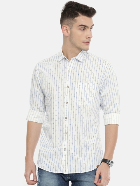 

John Players Men White & Blue Trim Fit Striped Casual Shirt