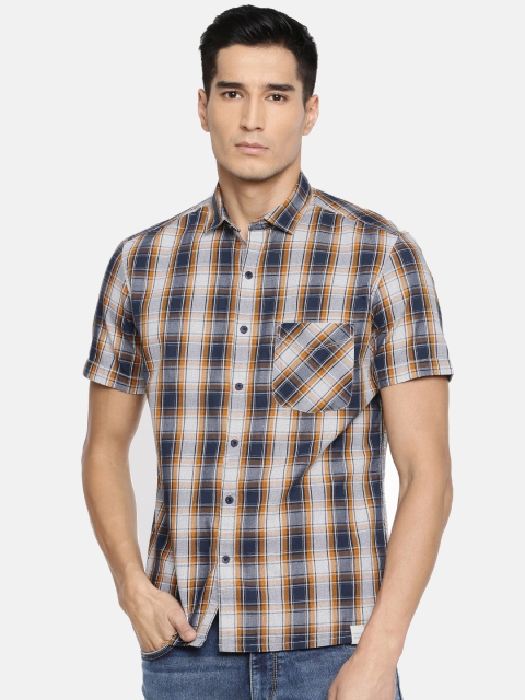 

John Players Men Navy Blue & Mustard Trim Fit Checked Casual Shirt