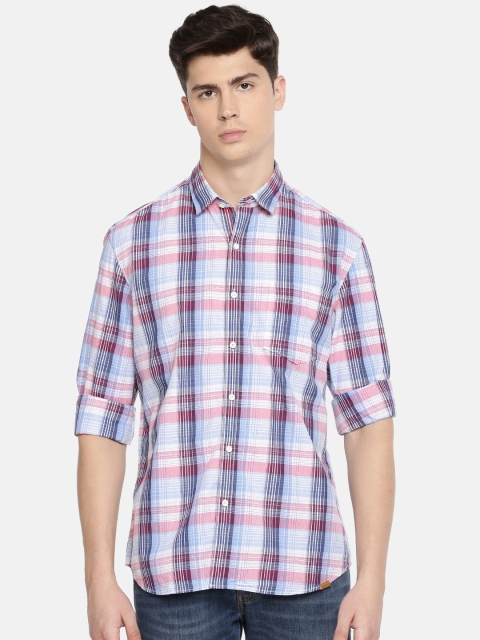 

John Players Men White & Pink Trim Fit Checked Casual Shirt