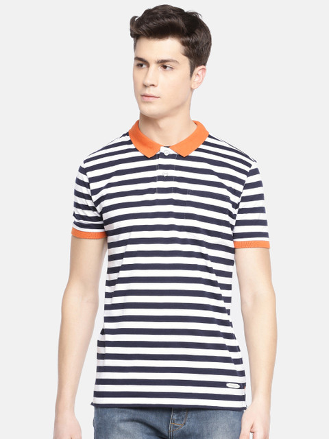 

John Players Men Navy Blue & White Striped Slim Fit Polo Collar T-shirt