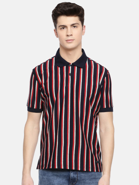 

John Players Men Navy Blue & Red Slim Fit Striped Polo Collar T-shirt