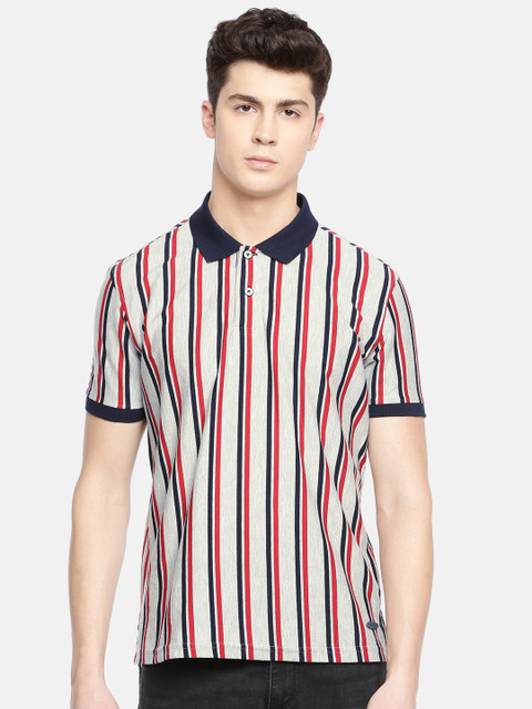 

John Players Men Grey & Red Slim Fit Striped Polo Collar T-shirt