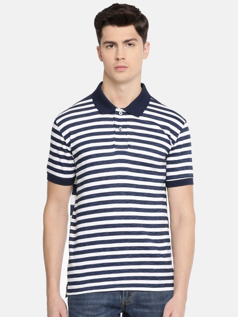 

John Players Men Navy Blue & White Striped Slim Fit Polo Collar T-shirt