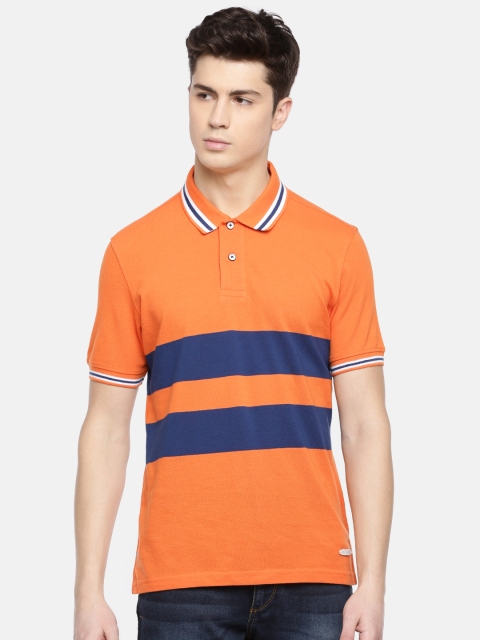 

John Players Men Orange & Navy Blue Slim Fit Striped Polo Collar T-shirt