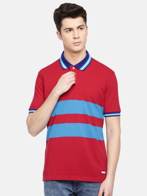 

John Players Men Red & Blue Slim Fit Striped Polo Collar T-shirt