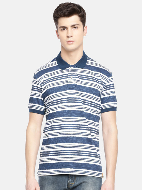 

John Players Men Navy Blue & White Striped Slim Fit Polo Collar T-shirt