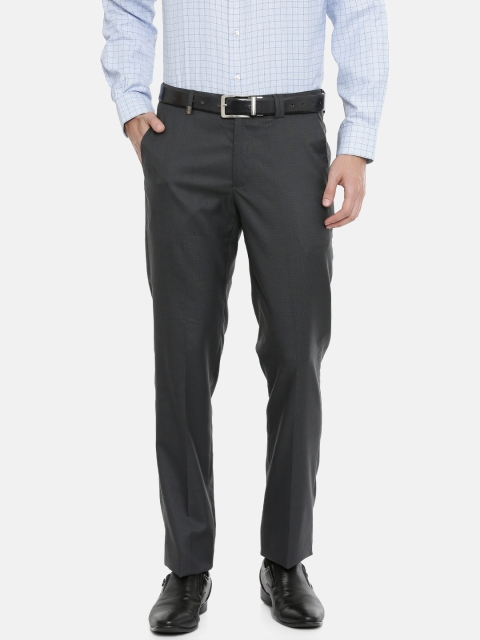 

John Players Men Charcoal Grey Slim Fit Checked Formal Trousers