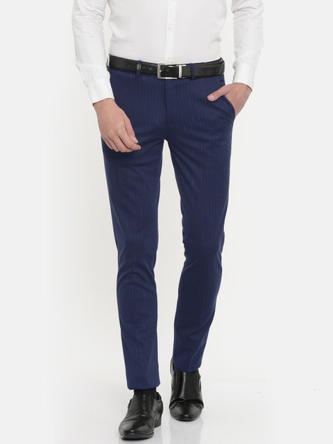 

John Players Men Blue Skinny Fit Striped Formal Trousers