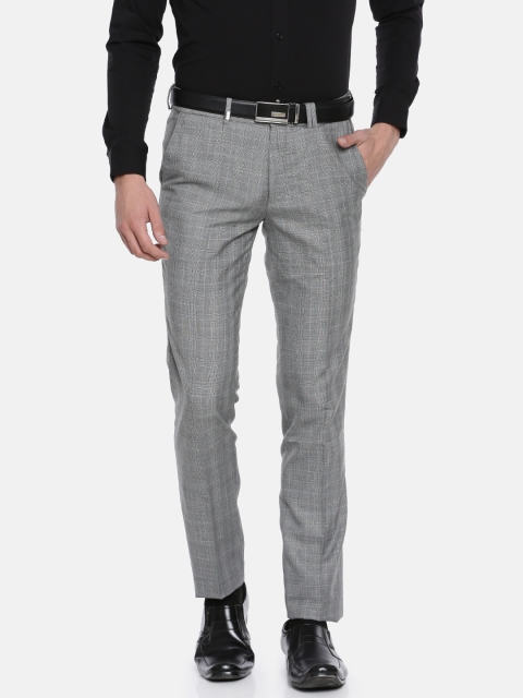

John Players Men Charcoal Grey Slim Fit Checked Formal Trousers