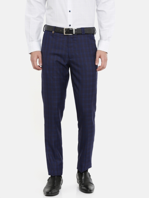 

John Players Men Blue & Black Skinny Fit Checked Formal Trousers