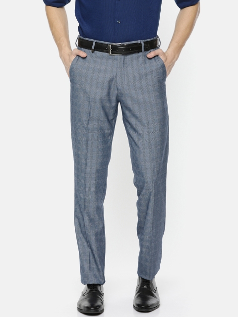

John Players Men Blue Slim Fit Checked Formal Trousers