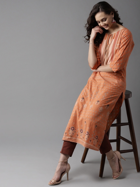 

HERE&NOW Women Orange & Blue Printed Straight Kurta