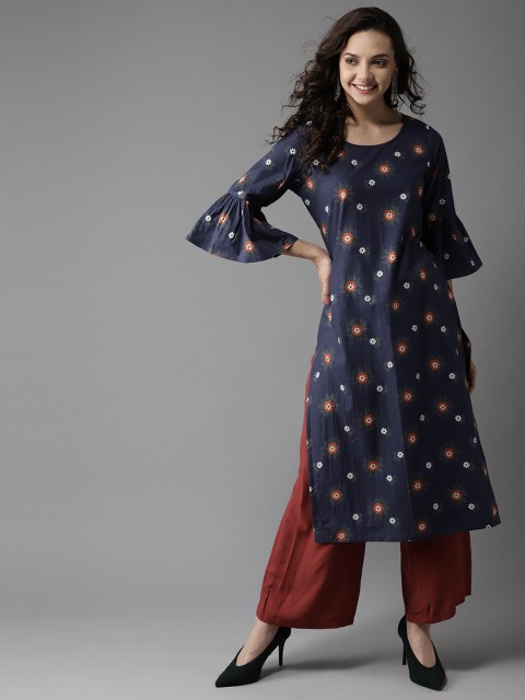 

HERE&NOW Women Navy Blue & White Printed Straight Kurta