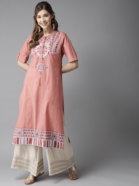 

HERE&NOW Women Peach-Coloured Printed Straight Kurta