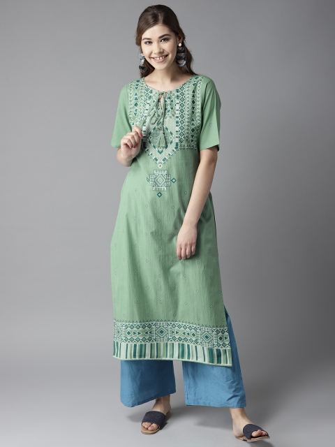 

HERE&NOW Women Green & Blue Printed Straight Kurta