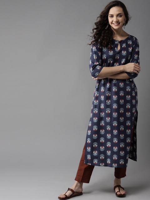 

HERE&NOW Women Navy Blue & White Printed Straight Kurta
